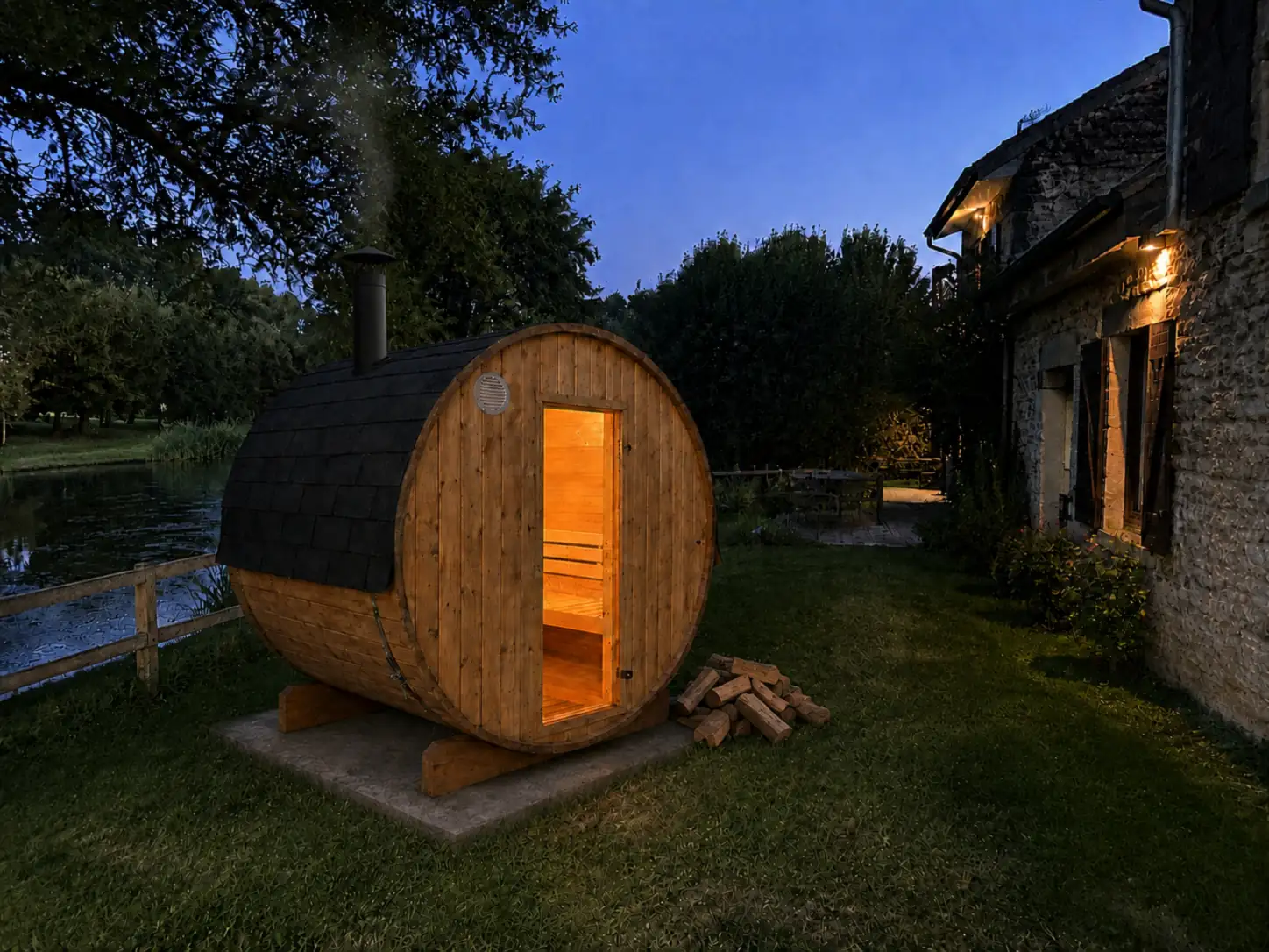 Sauna tonneau Desineo Harvia de 220 cm avec poêle à bois et conduit de fumée