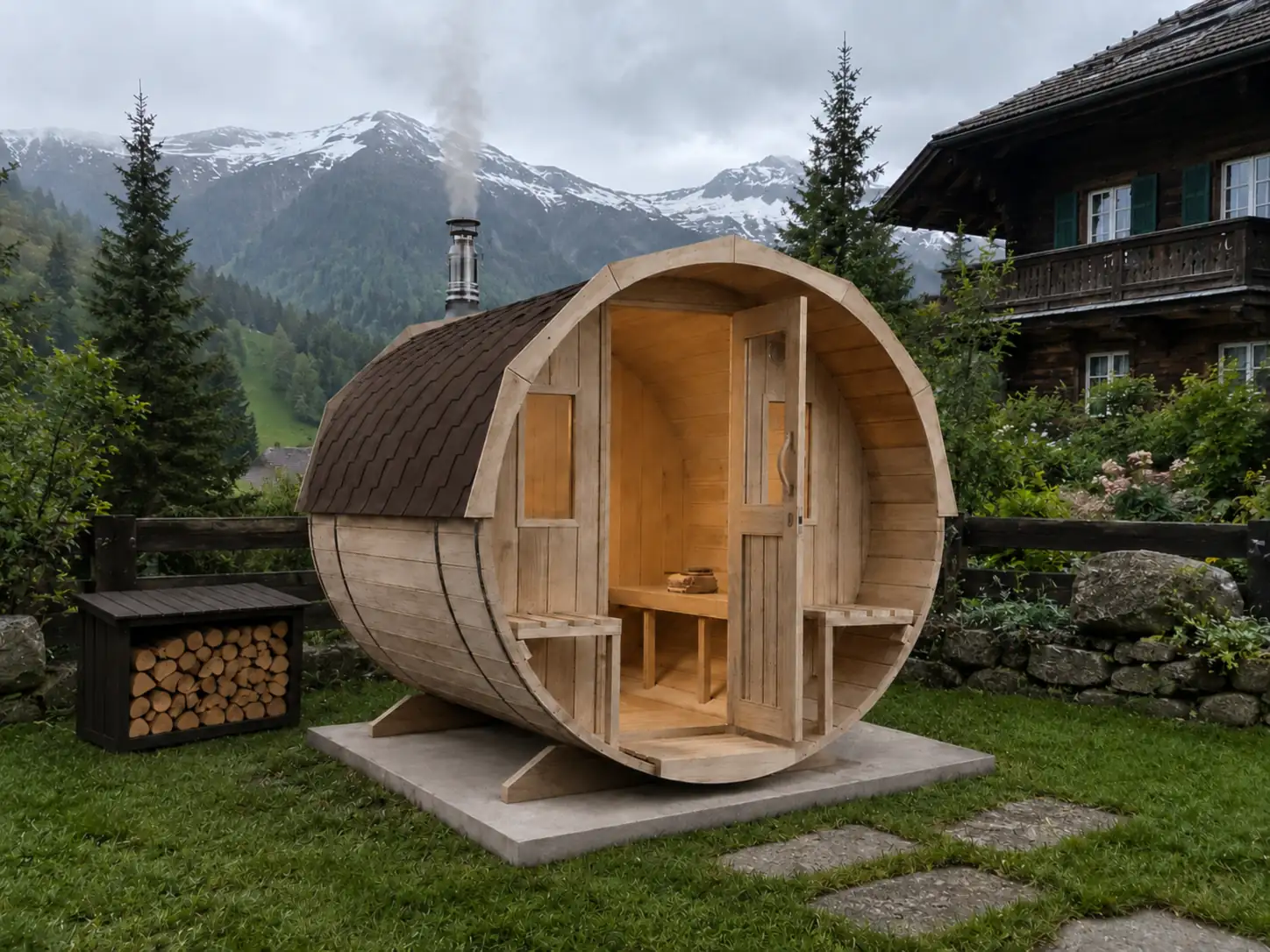Sauna tonneau FinnTherm Sam de 210 cm de diamètre en épicéa nordique